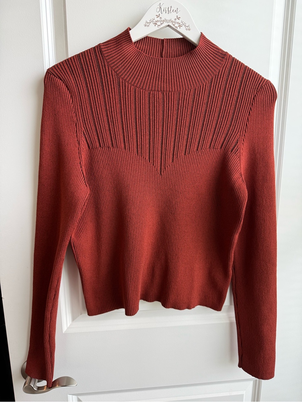 Anthropologie Ribbed Brick Red Corset Detail Mock Neck Sweater Fall Fitted Large